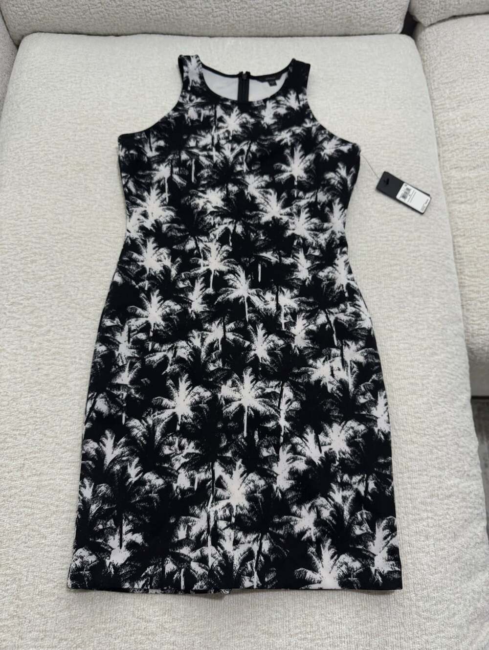 GUESS Palm Tree Scuba Bodycon Dress M Black/White Sleeveless Racerback Zip